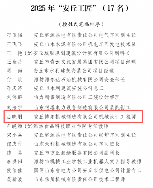 喜報！熱烈祝賀機械設(shè)計工程師呂曉朋榮獲2025年“安丘工匠”稱號！